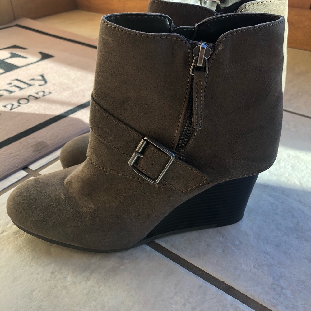 Taupe Booties Boots Suede Buckle Zipper Wedge